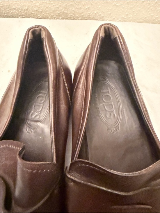 Tod\'s Dark Brown Leather Penny Loafers, pre-owned, gently owned.
